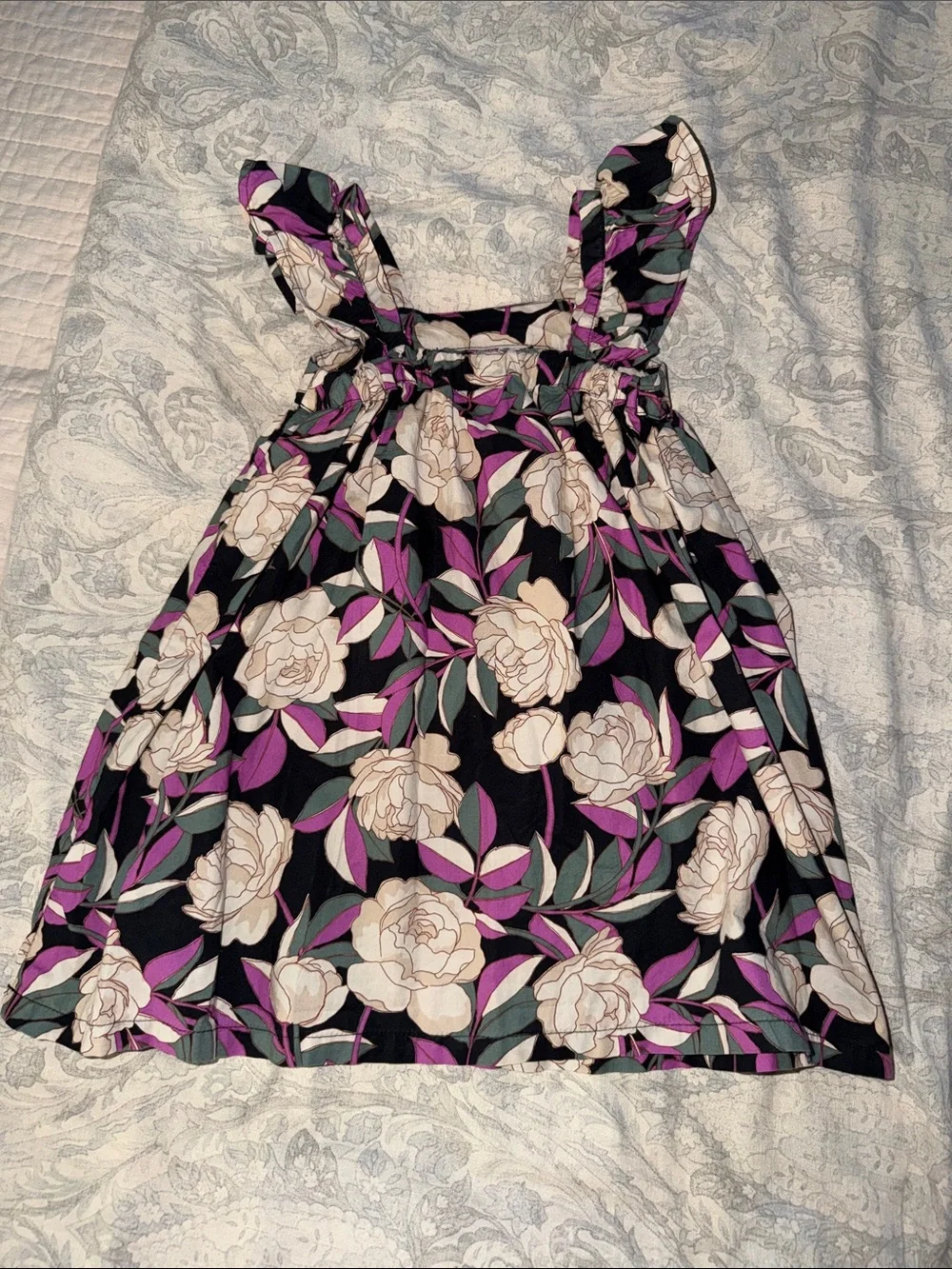 GAP Floral Ruffle-Shoulder Dress in Black, Pink & Cream